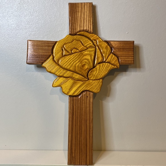 Hand Carved Wood Cross Yellow Rose Glossy Finish - Picture 2 of 6